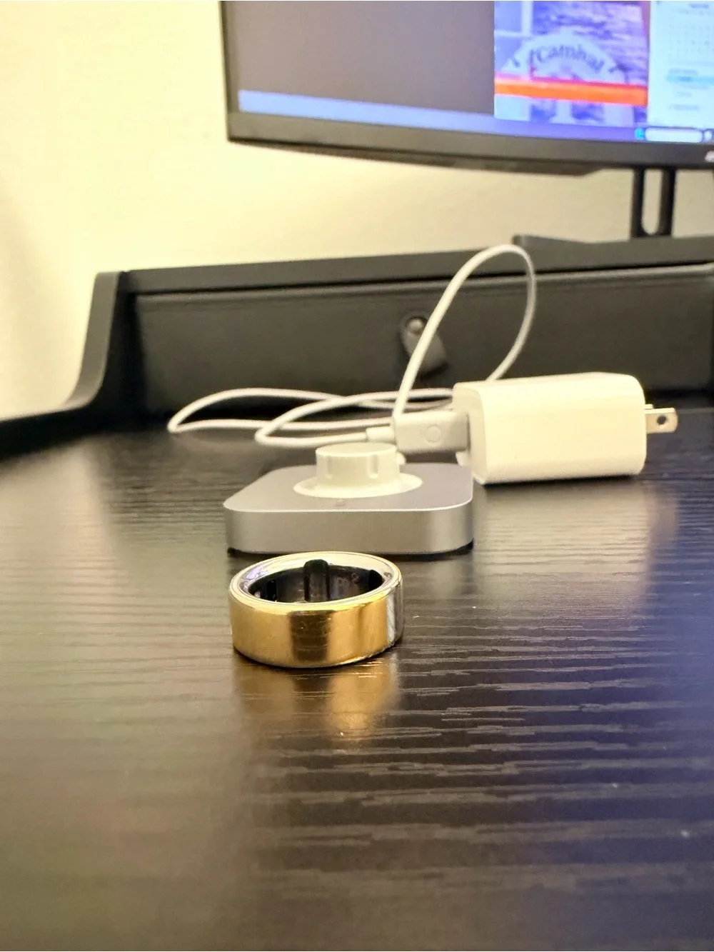 Oura Silver Charging Base with White Magnetic Puck and Gold Oura Ring 4